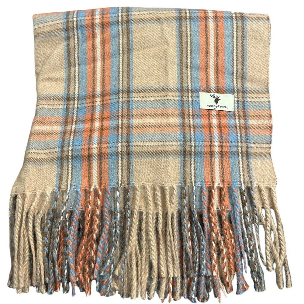 HOUSE OF TWEED Scotland Plaid Fringe Scarf Tan Brown Blue Orange 13”x70” Soft